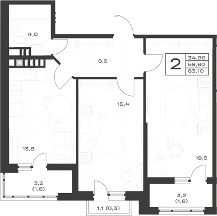 2-комн., 59.6 м², 4/4 этаж, ЖК «ЭкоСфера. ГК Во-первых»