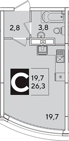 Студия, 26.3 м², 12/16 этаж, ЖК «Самолет»