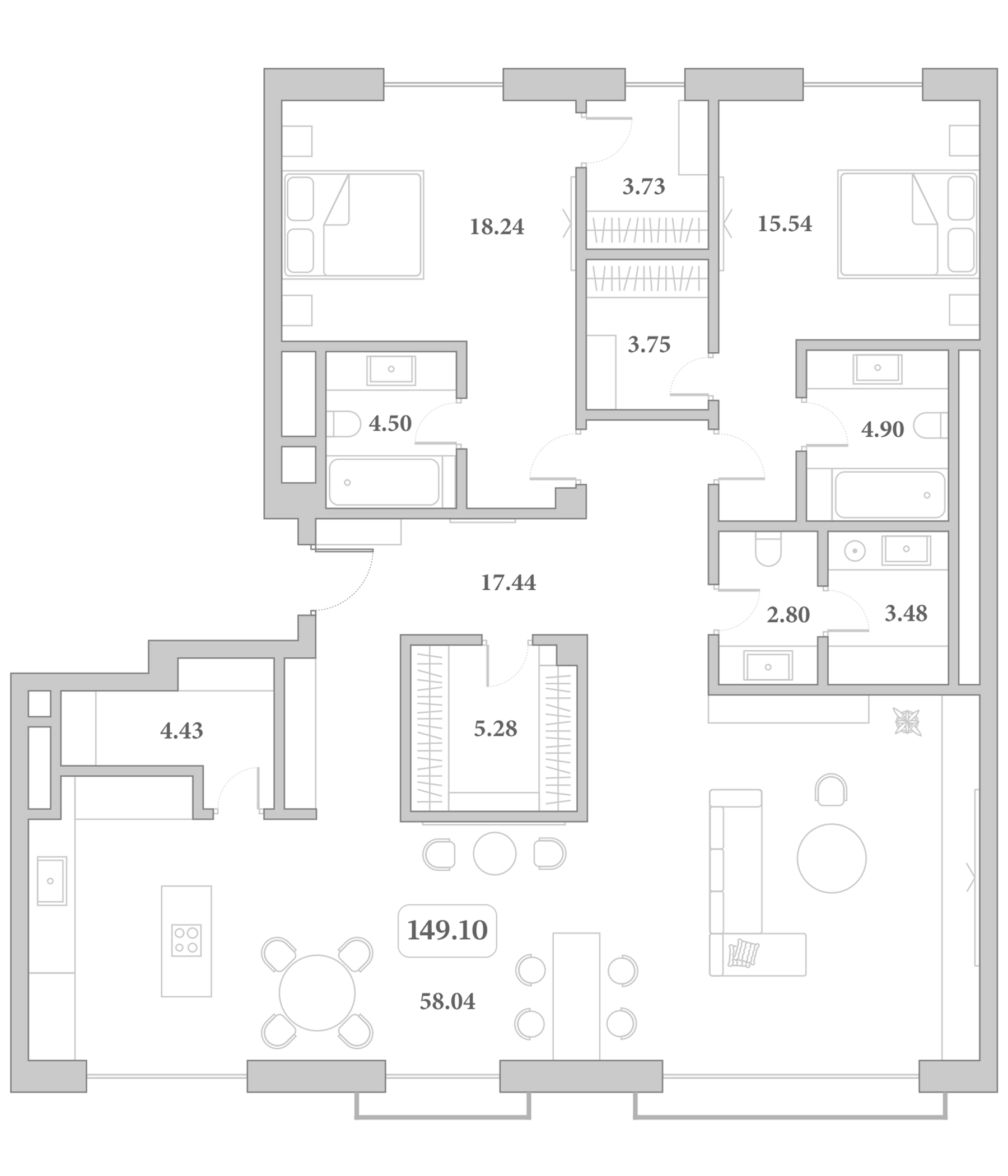 3-комн., 142.13 м², 6/7 этаж, ЖК «Граф Толстой»