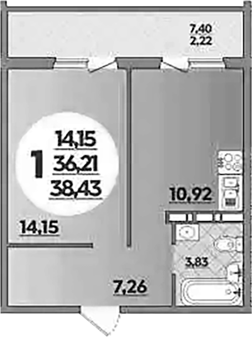 1-комн., 36.21 м², 12/16 этаж, ЖК «Восточный. Квартал №6»