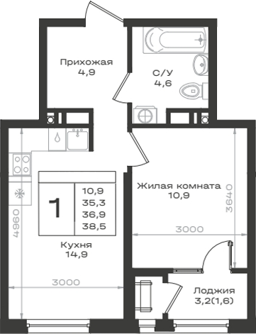 1-комн., 35.3 м², 4/14 этаж, ЖК «Нагория»