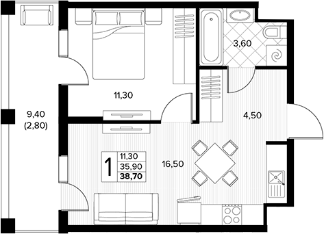 1-комн., 35.9 м², 4/7 этаж, ЖК «Кипарис»