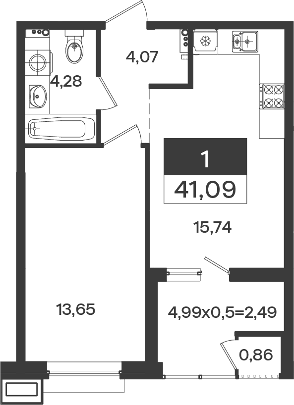 1-комн., 38.6 м², 2/18 этаж, ЖК «Образцово»