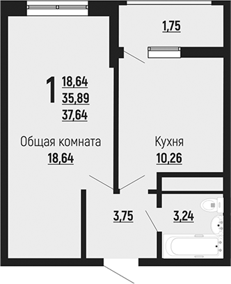1-комн., 35.89 м², 9/24 этаж, ЖК «Славянка»