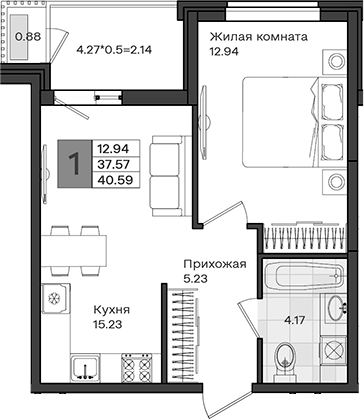 1-комн., 37.57 м², 2/8 этаж, ЖК «МОНО квартал»