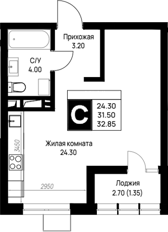 Студия, 31.5 м², 3/12 этаж, ЖК «На высоком берегу»