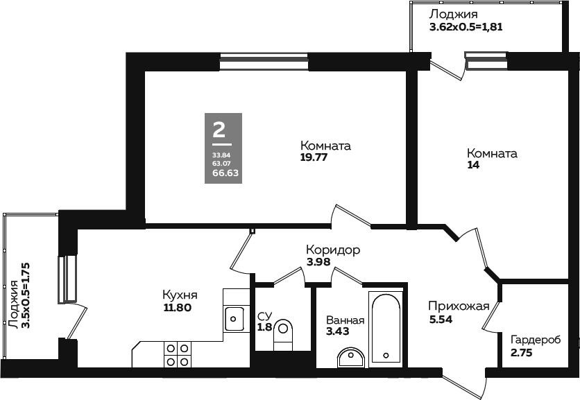 2-комн., 59.74 м², 2/24 этаж, ЖК «Левада»