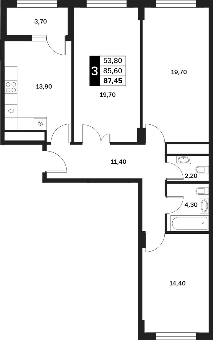 3-комн., 85.6 м², 5/14 этаж, ЖК «Аксис Патриот»