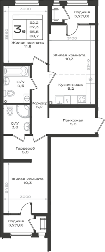 3-комн., 62.3 м², 2/12 этаж, ЖК «Нагория»