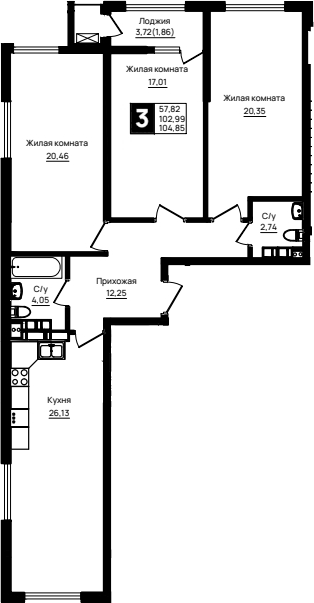 3-комн., 102.99 м², 16/18 этаж, ЖК «Резиденция морей»