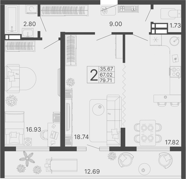 2-комн., 67.02 м², 10/20 этаж, ЖК «Светский лес»
