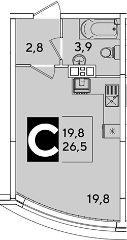 Студия, 26.5 м², 7/16 этаж, ЖК «Самолет»