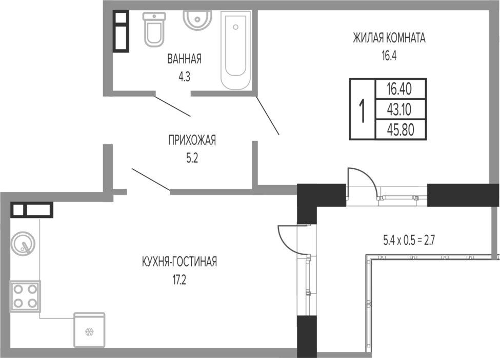 2-комн., 43.1 м², 2/17 этаж, ЖК «Екатерининский парк»
