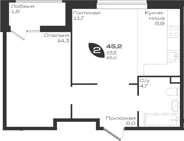 1-комн., 43.6 м², 2/18 этаж, ЖК «Ботаника»