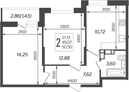 2-комн., 49.07 м², 13/16 этаж, ЖК «Смородина»