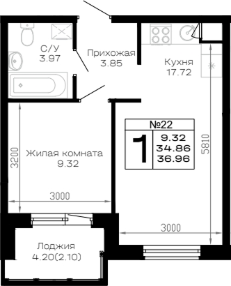 1-комн., 34.86 м², 1/4 этаж, ЖК «Усадьба Гостагаевская»