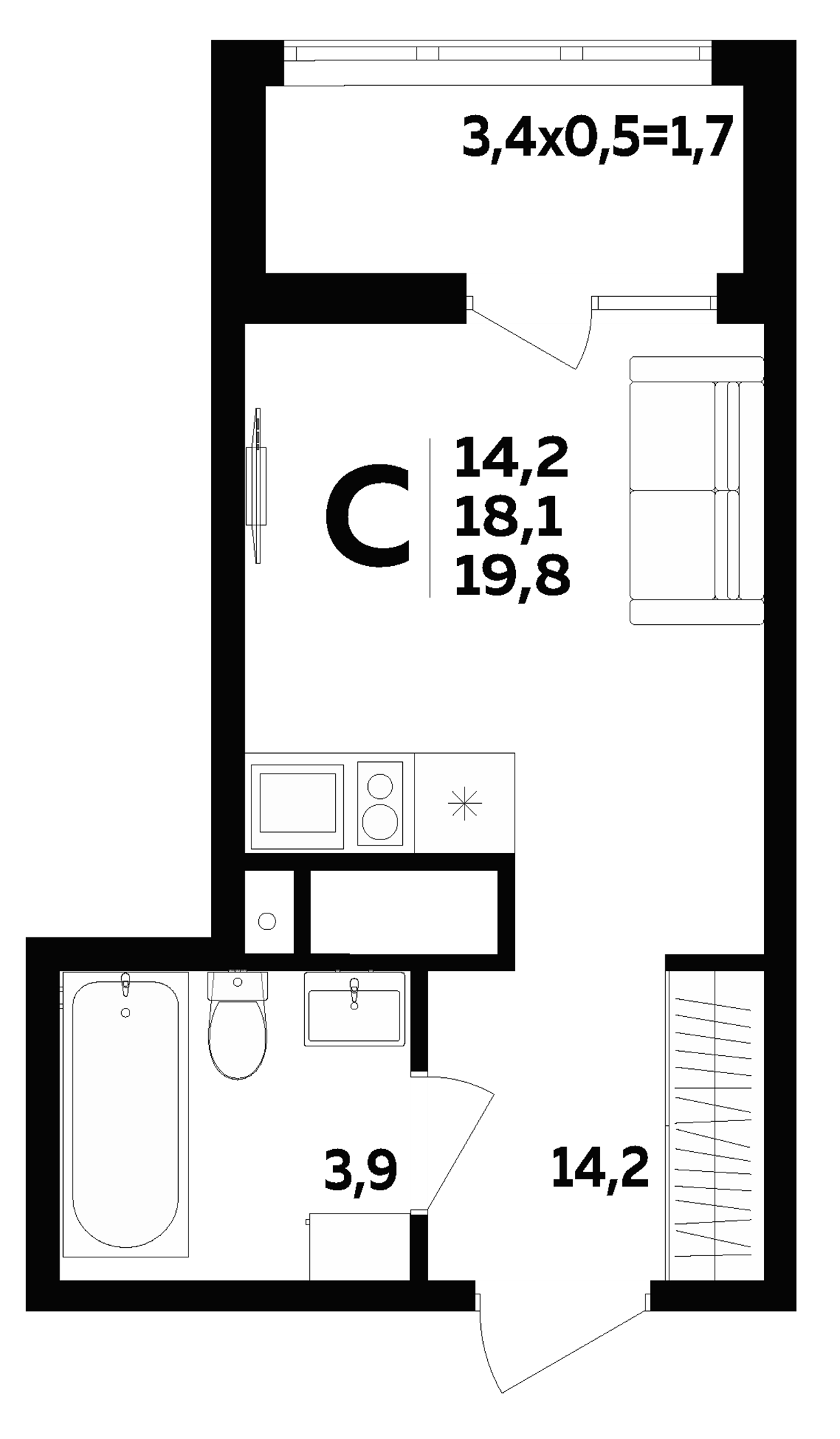 Студия, 18.1 м², 13/16 этаж, ЖК «МегаСити»