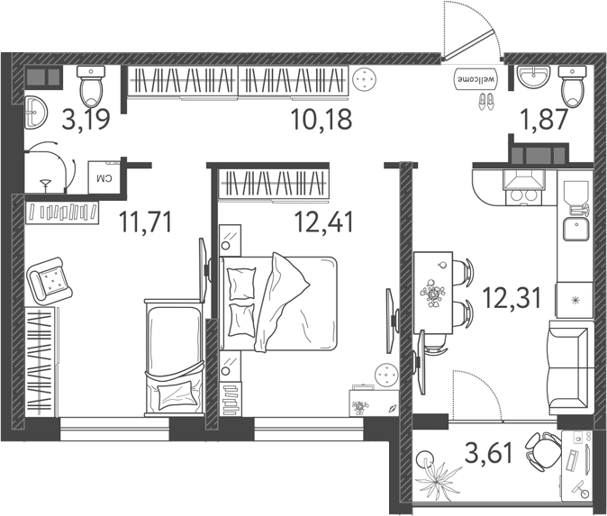3-комн., 51.67 м², 6/9 этаж, ЖК «Друзья»