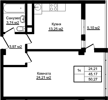 1-комн., 45.17 м², 11/12 этаж, ЖК «Южный парк. СЗ Корона»
