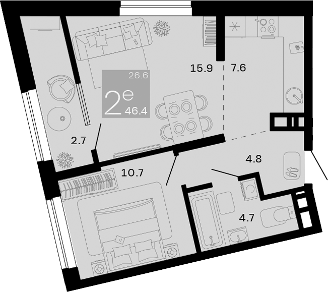 2-комн., 43.7 м², 9/9 этаж, ЖК «Хозяин Морей»