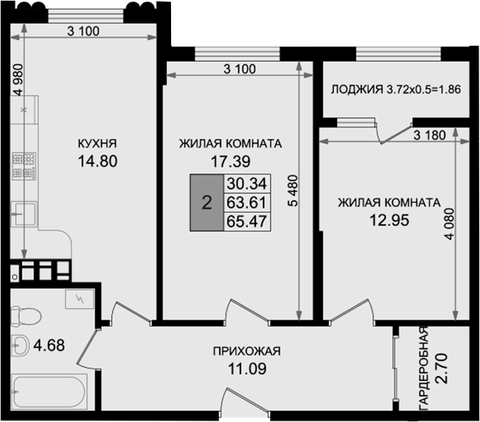 Продается 2-комн. квартира, 63.61 м²