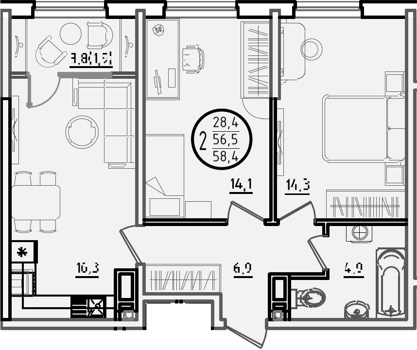 3-комн., 56.5 м², 11/18 этаж, ЖК «Первое место»