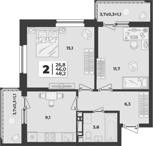 2-комн., 46 м², 6/9 этаж, ЖК «Лето»