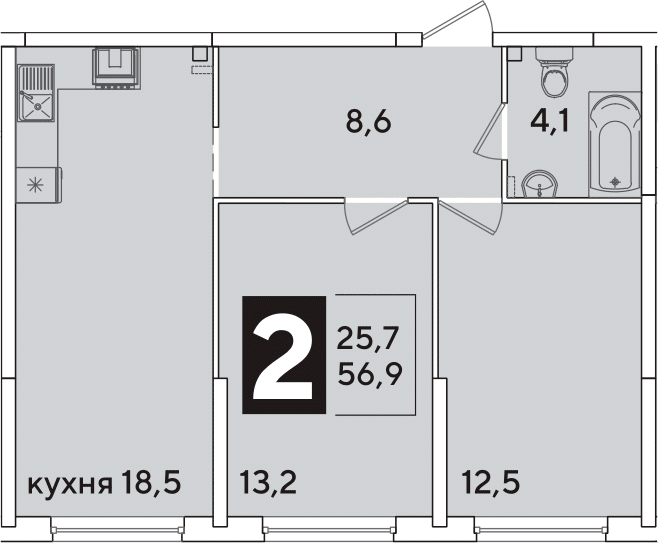 3-комн., 56.9 м², 2/16 этаж, ЖК «Самолет»