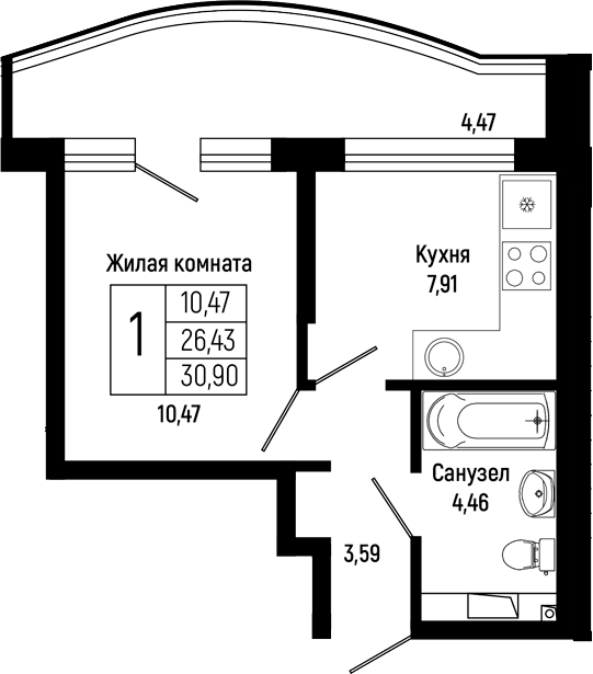 1-комн., 26.23 м², 14/16 этаж, ЖК «Sun Hills Ольгинка»
