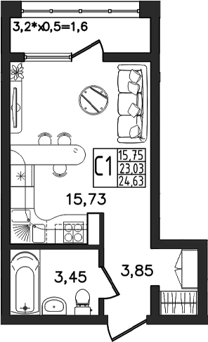 Студия, 23.03 м², 2/14 этаж, ЖК «Яблоневый»