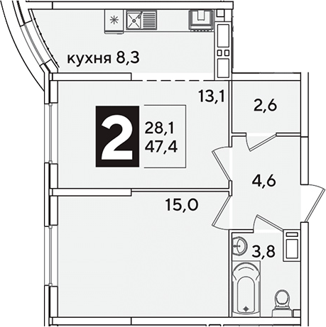 2-комн., 47.4 м², 10/16 этаж, ЖК «Самолет»