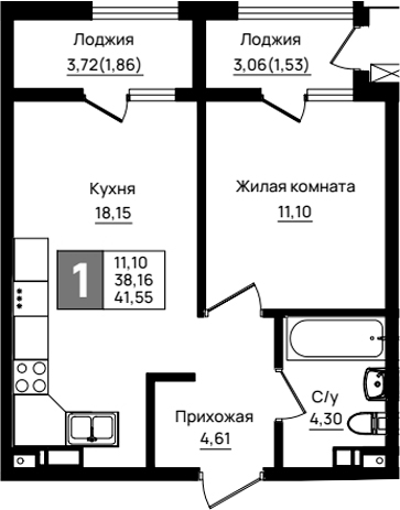 1-комн., 38.16 м², 6/9 этаж, ЖК «Резиденция морей»