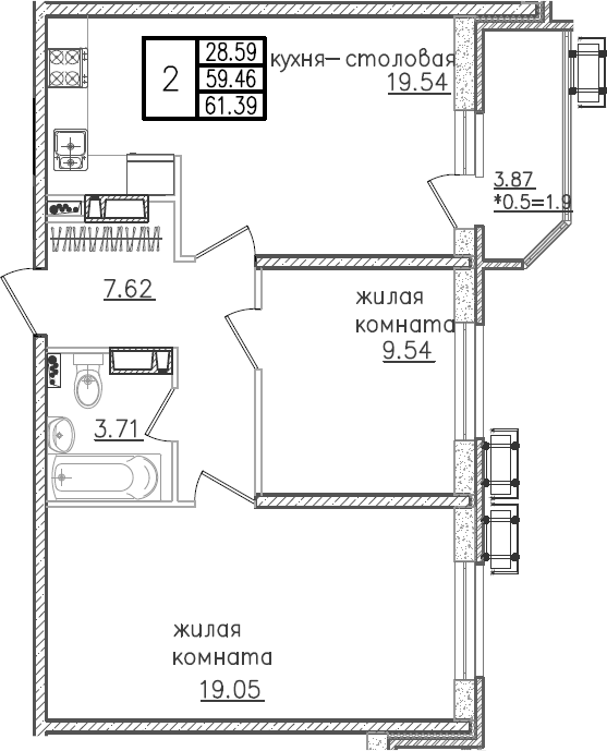 3-комн., 59.46 м², 20/23 этаж, ЖК «Урал»