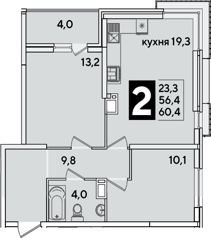 3-комн., 56.4 м², 11/16 этаж, ЖК «Самолет»