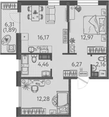 2-комн., 54.31 м², 3/8 этаж, ЖК «Друзья»