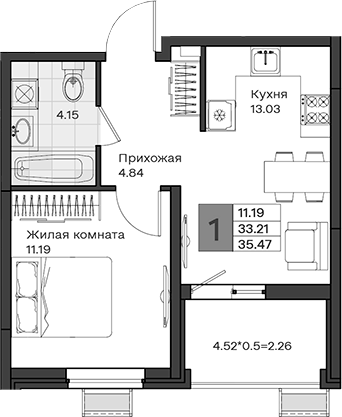 1-комн., 33.21 м², 2/8 этаж, ЖК «МОНО квартал»