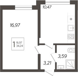 1-комн., 34.24 м², 1/19 этаж, ЖК «Кислород»