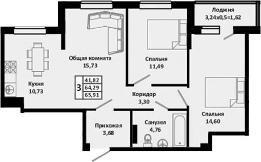 3-комн., 64.29 м², 3/4 этаж, ЖК «Южные Соседи»