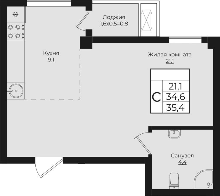 Студия, 34.6 м², 9/9 этаж, ЖК «Европа-Сити»