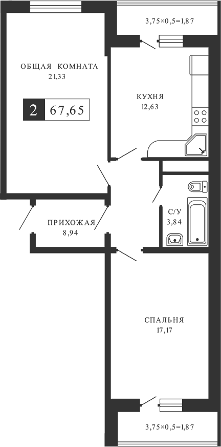 2-комн., 64.06 м², 3/12 этаж, ЖК «Кутузовский. ООО К-5»
