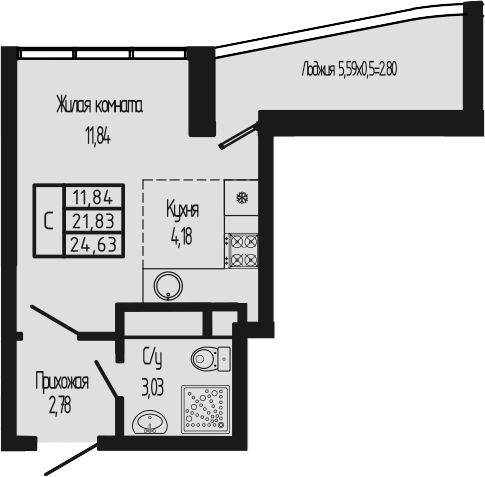 Студия, 21.83 м², 11/12 этаж, ЖК «Sun Hills Ольгинка»
