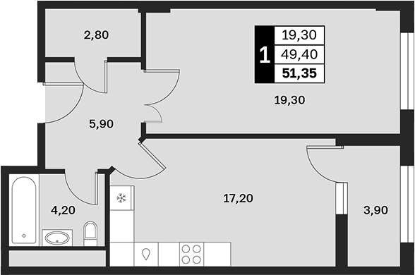 1-комн., 49.4 м², 1/9 этаж, ЖК «Аксис Патриот»