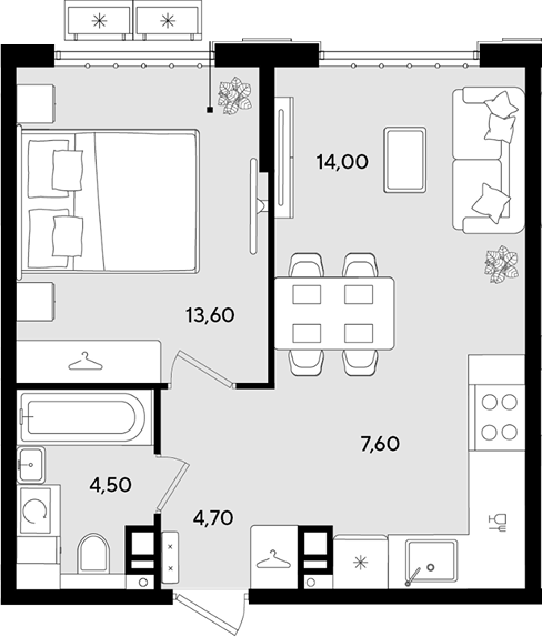 2-комн., 44.4 м², 3/9 этаж, ЖК «Порто-Ново»