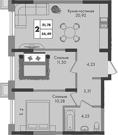 2-комн., 54.49 м², 4/9 этаж, ЖК «Зеленая территория»