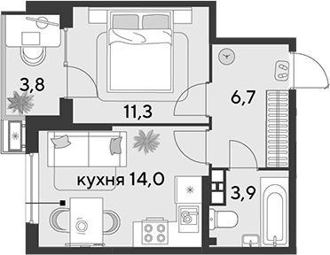1-комн., 35.9 м², 3/9 этаж, ЖК «Парк Победы»