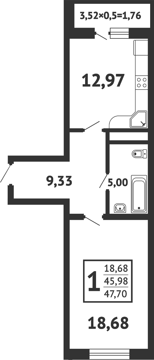 1-комн., 45.16 м², 12/12 этаж, ЖК «Кутузовский. ООО К-2»