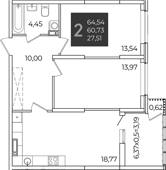 2-комн., 60.73 м², 12/21 этаж, ЖК «Образцово»