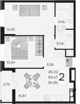 2-комн., 53.47 м², 9/9 этаж, ЖК «Дом 101»