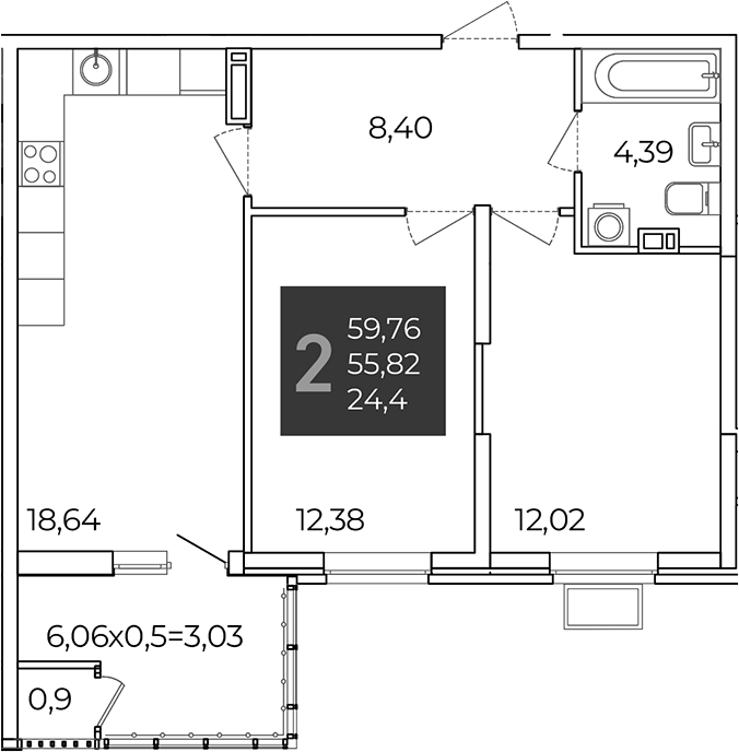 2-комн., 55.83 м², 16/21 этаж, ЖК «Образцово»