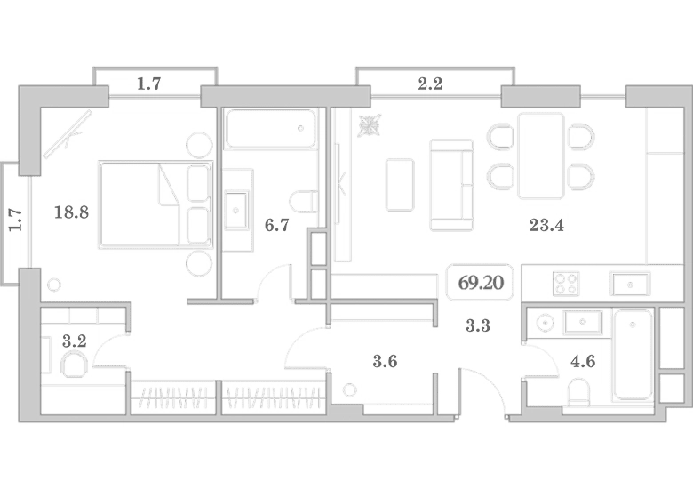 2-комн., 63.6 м², 5/7 этаж, ЖК «Граф Толстой»